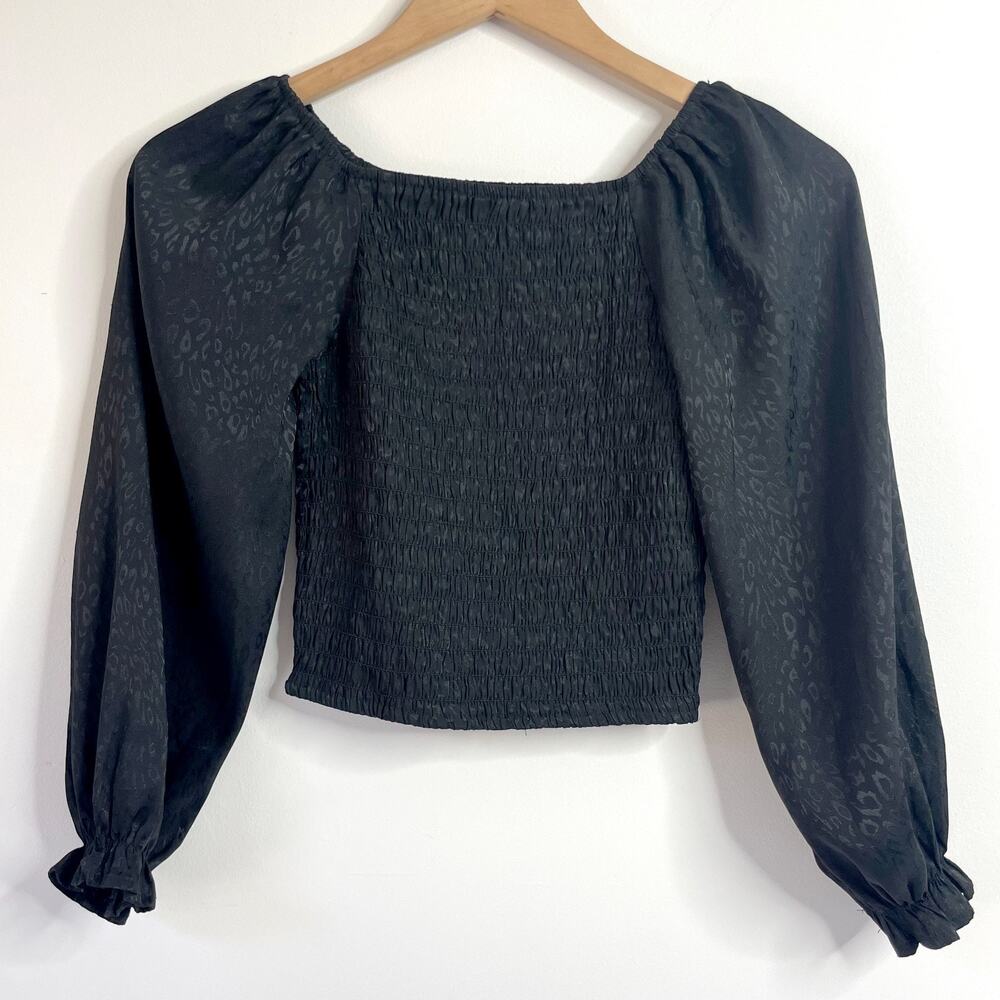 Black Ruched Puff Sleeve Animal Print Blouse Small Whimsigoth Fairy‎ Cottage
